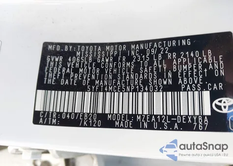 2022 Toyota Corolla Xse z USA, uszkodzony, nr VIN 5YFT4MCE5NP134032